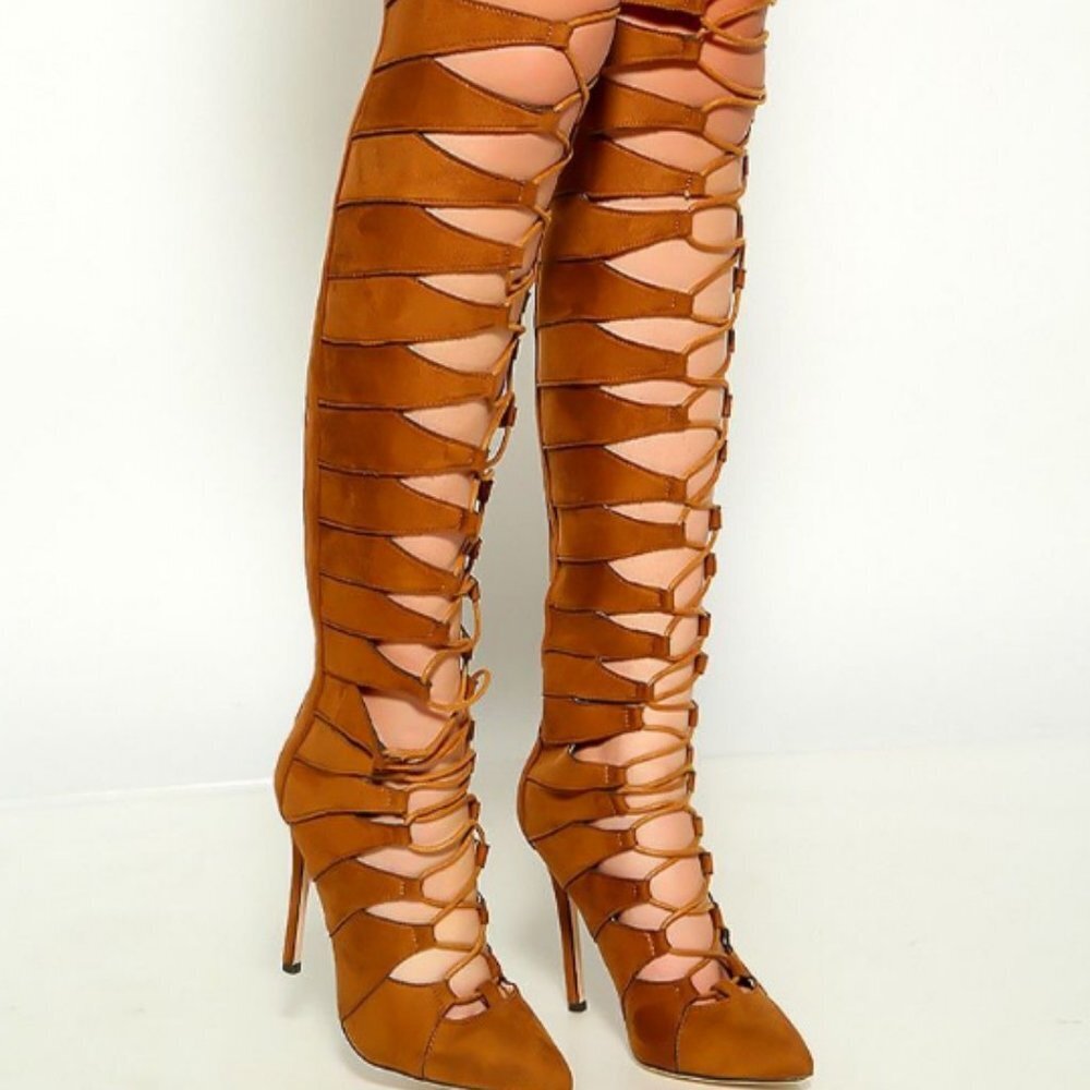Tan Suede Lace Up Thigh High Boots Faux Suede